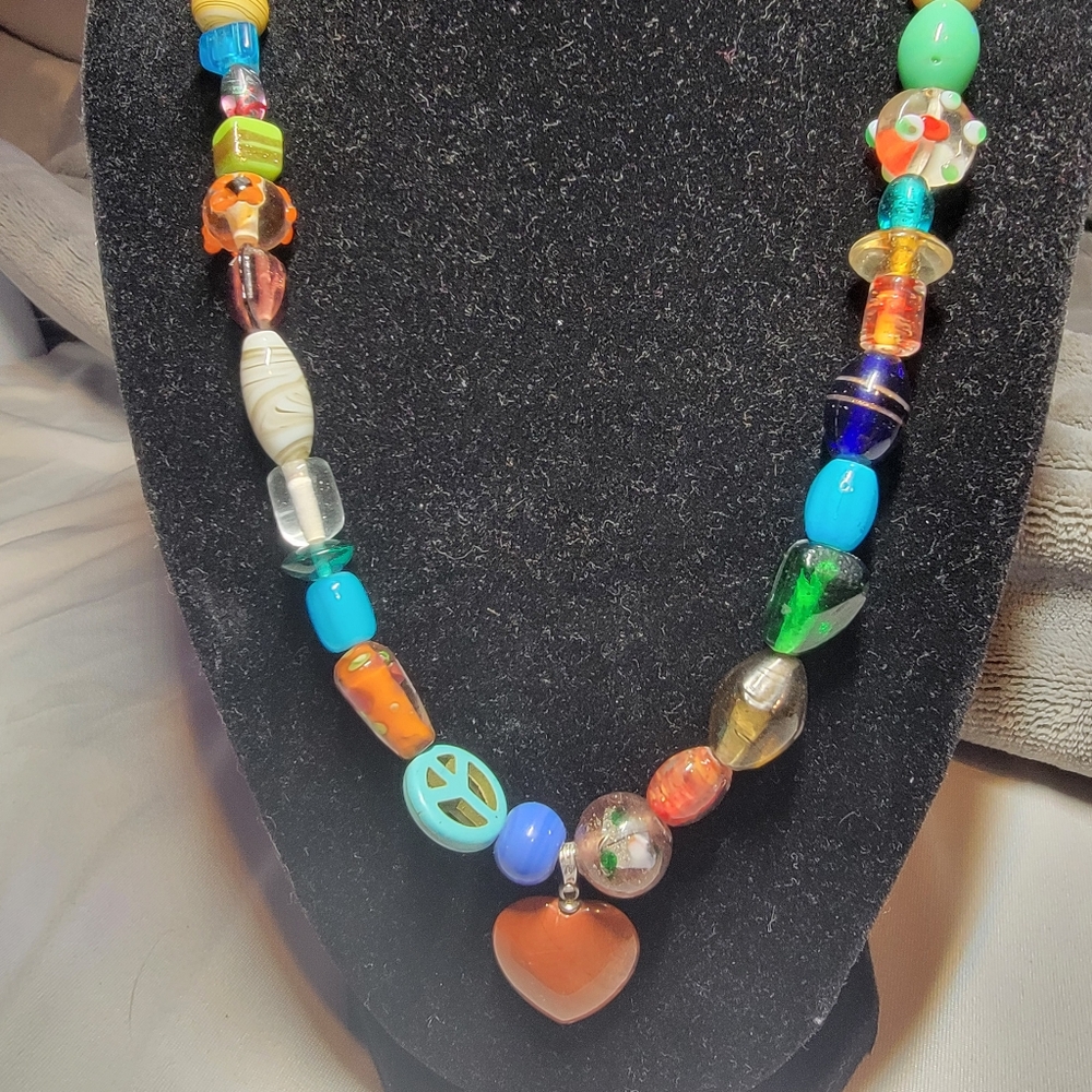 Colorful Boho Beaded Necklace W/ Red Jasper Heart Pendant - HANDMADE - Picture 2 of 5